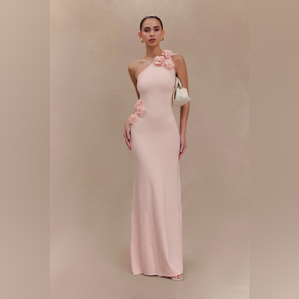 Meshki Blush One-Shoulder Floral-Appliqué Gown